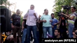 Armenia -- No To Plunder leader Vaghinak Shushanian addresses protesters on Marshal Bagramian Avenue, Yerevan, 28Jun2015