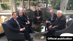 Главы МИД Армении и Азербайджана, сопредседатели Минской группы ОБСЕ и личный представитель действующего председателя ОБСЕ в Брюсселе, 11 июля 2018 г.