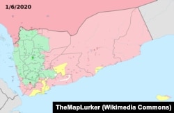 Йемендеги кырдаалдын картасы. 01.6.2020. Мында: жашыл түс: шийилерден болгон хусийлер кыймылы көзөмөлдөгөн аймак; кызыл түс: президент Хадинин дүйнөдө расмий таанылган бийлигинин аймагы; сары түс: түштүк йемендик жикчилердин Түштүк Убактылуу Кеңеш уюму бийлеген аймак; ак түс: “ал-Кайида” террордук тармагына кирген “Ансар ал-шарийа” тобу көзөмөлдөгөн аймак; кара түс: “Ислам мамлекети” террордук уюму көзөмөлдөгөн аймак.