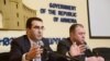 Armenia - Deputy Ministers of Economy Garegin Melkonian and Tigran Harutyunian give a press conference in Yerevan, 18Feb2014.