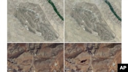 یک پایگاه موشکی در نزدیکی تبریز در روز چهارشنبه (بالا سمت چپ)، و همان مکان پس از حملهٔ اسرائیل در روز جمعه (بالا سمت راست)؛ همچنین، یک پایگاه موشکی در نزدیکی کرمانشاه در روز پنج‌شنبه (پایین سمت چپ)، و همان پایگاه پس از حملهٔ اسرائیل در روز جمعه (پایین سمت راست).