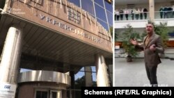 Колаж: будівля «Укрексімбанку»  та директор департаменту банківської безпеки Ігор Тельбізов