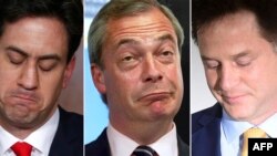 از راست: نیک کلگ، نایجل فاراژ و اد میلیبند