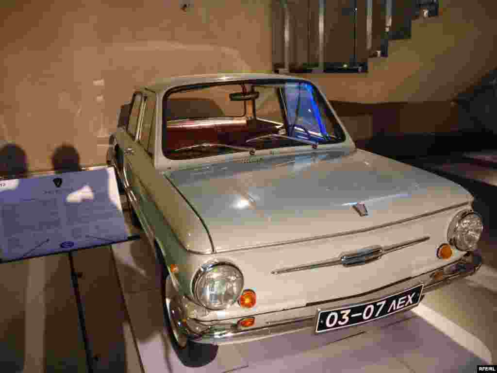 A Zaporozhets that once belonged to Prime Minister Vladimir Putin. The Zaporozhets was a compact car made in a factory in Ukraine and was nicknamed the "hunchback" for its distinctive shape.