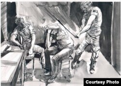 Допит у місці несвободи на території частини Донбасу, окупованої російськими силами. Ілюстрація колишнього цивільного бранця, художника Сергія Захарова