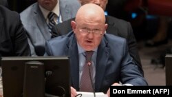 ՄԱԿ-ում ՌԴ դեսպան Վասիլի Նեբենզյան Անվտանգության խորհրդի նիստի ժամանակ, Նյու Յորք, 9-ը ապրիլի, 2018թ․