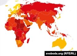 Мапа сьвету паводле Індэксу ўспрыняцьця карупцыі ад Transparency International, 2018