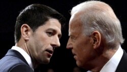 جو بایدن (راست) بر زمین‌گیر بودن تحریم‌ها علیه ایران تأکید دارد و پل رایان می‌گوید دولت اوباما در اعمال تحریم‌ها علیه ایران نرمی به خرج داده است