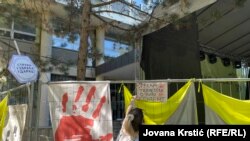 Єлена Станкович, студентка Академії мистецтв у Новому Саді, бере участь у виставці на території університетського кампусу, 24 серпня 2025 року