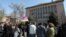 Armenia - Activists stand outside the Constitutional Court building in Yerevan, waiting for a ruling on a controversial pension reform, 2Apr2014.