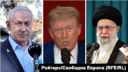 АҚШ президенті Дональд Трамп (ортада,) Иранның жоғарғы басшысы аятолла Әли Хаменеи (оң жақта) және Израиль премьер-министрі Биньямин Нетаньяху суреттерінен коллаж