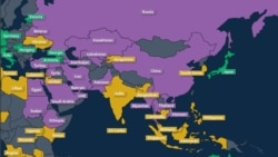 Интернеттеги эркиндик: Сыя түс "эркин эмес", сары "жарым жартылай эркин", жашыл "толук эркин" өлкөлөр.