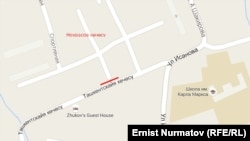 Көчөнүн Гугл Картадан көрүнүшү. Кызыл менен белгиленген жер тосулуп калган.