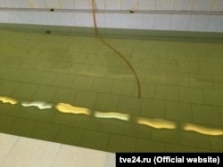 Бассейн, заснятый журналистами ТВ: видны шланг и плитка на дне.