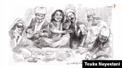 سیما بینا و مهمانانش در قسمت دوم از مجموعه برنامه میزبان. طرح از توکا نیستانی