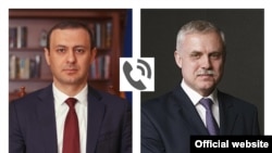 Секретарь Совета безопасности Армении Армен Григорян (слева) и генеральный секретарь ОДКБ Станислав Зась 