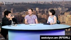 Карине Даниелян (слева) и Галуст Нанян в студии «Азатутюн ТВ», 18 августа 2017 г․   