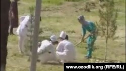 Врачи и медсестры Чиназского районного медобъединения занимаются уборкой территории больницы, 18 мая 2019 года. 