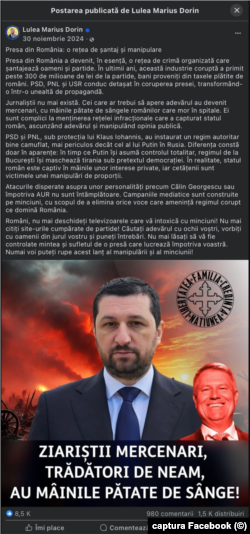 „Presa din România a devenit o rețea de crimă organizată care șantajează oameni și partide”, susține Marius Dorin Lulea, vicepreședintele AUR.