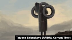 Сүрөтчү Татьяна Зеленскаянын моюнуна дөңгөлөк асылып, зомбулук көргөн сузактык аялдын тагдырын чагылдырган сүрөтү.