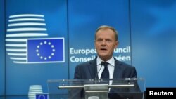 Belgium -- European Council President Donald Tusk addresses a news conference at the EU summit in Brussels, June 23, 2017