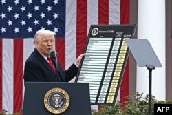 Дональд Трамп в "День освобождения" 2 апреля с таблицей новых (недолговечных) импортных пошлин для разных стран