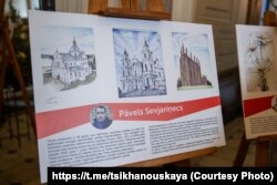 Выстава твораў беларускіх палітвязьняў у Рызе. Стэнд Паўла Севярынца