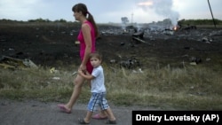 Жінка з дитиною проходить повз одне з місць падіння уламків «Боїнга», збитого російською установкою «Бук», в результаті чого загинуло 298 людей, в тому числі 80 дітей. Донеччина, неподалік села Грабове, 17 липня 2014 року