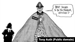 Пиночет шектенген британдык полициячыга: “Дагы эмне көйгөй көрүнгөнсүп жатат, офицер?” деп айтууда. Тони Оут. 1998. 