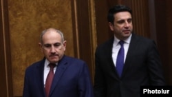 Armenia - Prime Minister Nikol Pashinian and speaker Alen Simonian arrive for a session in parliament, February 12, 2025.