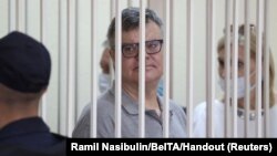 Viktar Babaryka appears in court in Minsk on July 6.