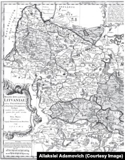 Мапа ВКЛ, ілюстрацыя з выданьня "Ян Няпрэцкі і карта Вялікага Княства Літоўскага" аўтарства Аляксея Адамовіча