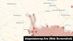Схема прасоўваньня расейскіх войскаў у раёне Дабрапольля 11 жніўня 2025 года. Крыніца: праект DeepState.