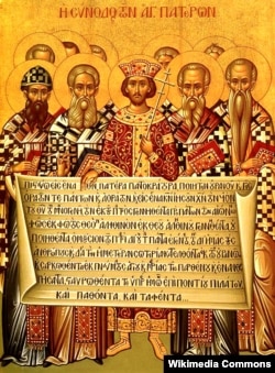 Ікона на честь Першого вселенського собору, що відбувся в 325 році у місті Нікеї (нині Ізник, Туреччина) з текстом Символу Віри