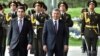 Turkmen President Gurbanguly Berdymukhammedov (left) is welcomed by Uzbek President Shavkat Mirziyoev in Tashkent on April 23. 