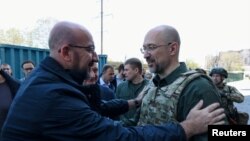 Եվրոպական խորհրդի նախագահ Շառլ Միշելը և Ուկրաինայի վարչապետ Դենիս Շմիգալը, Օդեսա, 9-ը մայիսի, 2022թ.