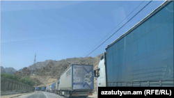 Armenia - A long line of trucks on the Armenian-Iranian border, June 18, 2025.
