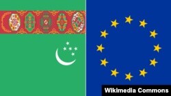 Türkmenistanyň hem-de Ýewropa Bileleşiginiň baýdaklary.