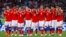 Russia national soccer team players pose during the 2018 World Cup in Sochi, Russia. The team has been barred from the 2022 World Cup, which begins in November in Qatar, because of Russia's invasion of Ukraine. 