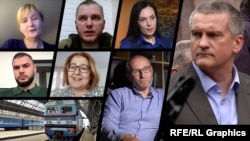 Kollaj. 2014 senesinden soñ Qırımnı terk etmege mecbur olğan qırımlılar. Qırımnıñ Rusiye yolbaşçısı Sergey Aksönov