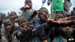 گروهی از کودکان در کنگو که مجبور به ترک مکان سکونتشان شدند،در انتظار غذا