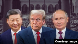 Кытай лидери Си Цзиньпин, АКШнын президенти Дональд Трамп, Орусиянын президенти Владимир Путин. Коллаж сүрөт.  