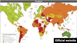 A screenshot of an interactive map of countries rated in the 2013 Index of Economic Freedom.