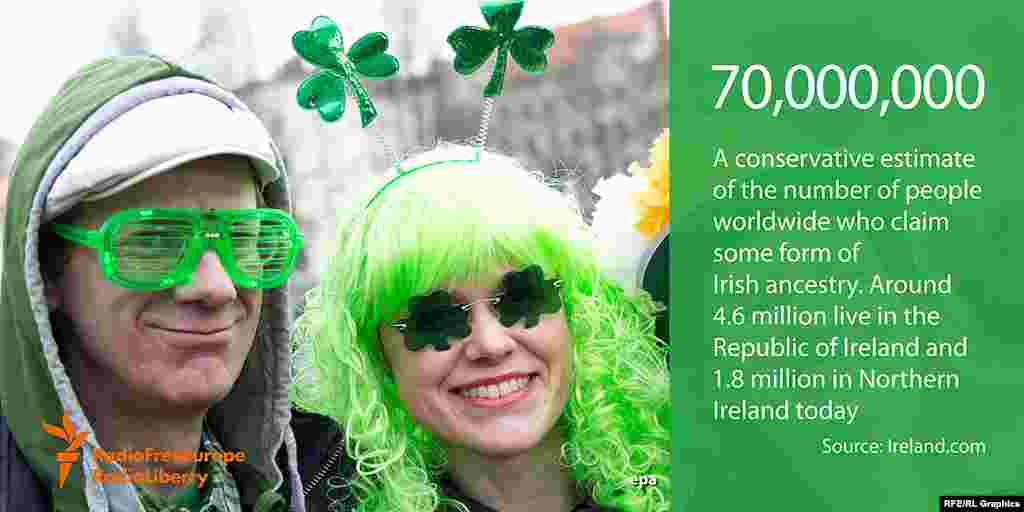 70 миллионов человек, живущих на всей Земле, по скромным оценкам, в разной степени имеют ирландские корни. Из них в Ирландской Республике живут 4,6 миллиона человек и еще 1,8 миллиона &ndash; в британской Северной Ирландии