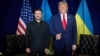 US President Donald Trump (right) gestures to reporters while at a bilateral meeting with Ukrainian President Volodymyr Zelenskyy in New York City on September 23. 