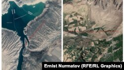 Слева - водохранилище Керкидан, справа - участок возле села Гулбаар. Белая полоса - кыргызско-узбекская граница, красная полоса - обменные участки. Коллаж сделан на основе скриншотов Google карты. 