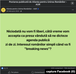 „Niciodată nu vom fi liberi, câtă vreme vom accepta ca presa vândută să ne dicteze agenda publică zi de zi”, postare AUR pe Facebook.