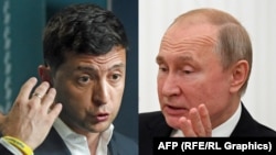 Владимир Зеленский менен Владимир Путин.