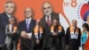 Armenia - Former Defense Minister Seyran Ohanian (second from right) and other leaders of the ORO opposition bloc hold a campaign rally in Yerevan, 11Mar2017.
