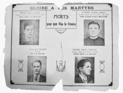 Улётка з партрэтамі загінулых за Францыю, у ніжнім правым куце фота Анры Козела, сябра сям’і Шэмісаў, якія хавалі яго ад нацыстаў. Расстраляны ў Нансі ў 1942 годзе